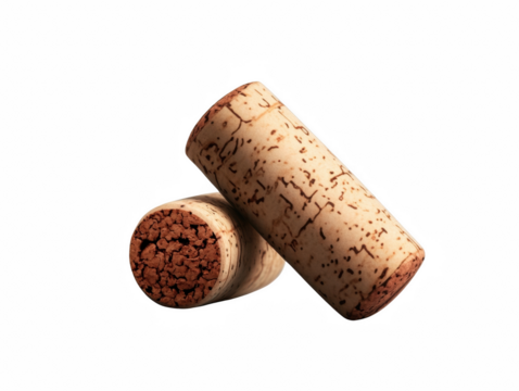 Close-up of two wine corks on white background, showcasing texture and detail, perfect for wine-related themes.