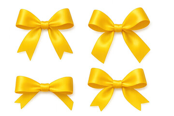 Yellow bow clipart with loops and tails, representing gift wrapping or decoration, isolated on transparent background.