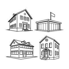 Simple Line Drawings of Buildings House, School, and Modern Structure Illustrations