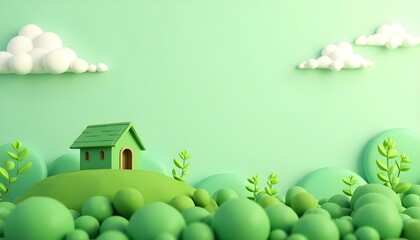 Green House on Hill with Lush Plants and Clouds: Concept of Eco-Friendly Home and Sustainable Environment