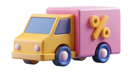 Cartoon delivery truck with percentage symbol represents sales discount or promotion