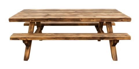 Wooden picnic table with rustic design suitable for outdoor dining and gatherings, isolated on transparent background, png