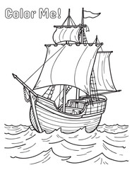 A black-and-white coloring page featuring a detailed sailing ship with full sails on wavy seas, labeled 