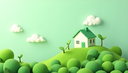 Green House on Hill with Lush Foliage and Clouds: Concept of Eco-Friendly Home and Sustainable Environment