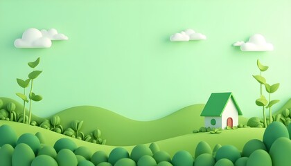 Minimalist Green Landscape with Small House and Clouds: Concept of Sustainable Living and Eco-Friendly Environment