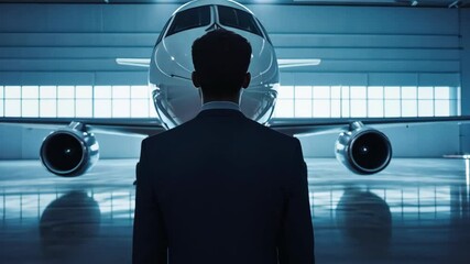 Silhouette of businessman looking at private jet airplane in hangar, business travel. - Powered by Adobe