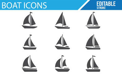Editable boat icons featuring various boat types like yachts, sailboats, and ships.