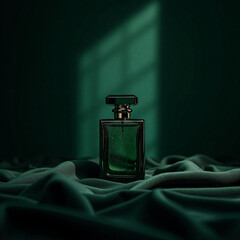 "Elegant Dark Green Perfume Bottle on Silk Fabric with Moody Lighting – Luxury Fragrance Concept"
