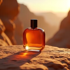 "Amber Perfume Bottle on Desert Rock at Sunset – Luxury Fragrance Branding with Natural Backdrop"