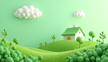 Green Rolling Hills with House and Fluffy Clouds: Concept of Sustainable Living and Peaceful Nature