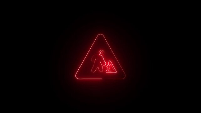 Radiant Road Work Warning in Neon on Dark Street. Neon Traffic Sign for Ongoing Road Repairs. Flashing Neon Sign Indicating Road Work Ahead.