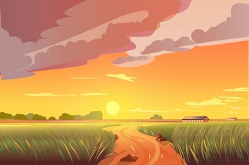 This illustration depicts a serene rural landscape featuring lush fields, a winding stream, and a sunset, creating a tranquil atmosphere.