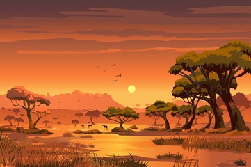 A beautiful sunset view of an African savannah with trees and a calm river. The sky features warm colors, and silhouettes of animals can be seen.