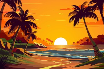 A vibrant and colorful sunset over a tropical beach with palm trees, soft waves, and a serene atmosphere. Perfect for relaxation and vacation vibes.