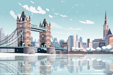 A vibrant geometric illustration depicting Tower Bridge in London, surrounded by modern cityscape and a serene reflection in the river.