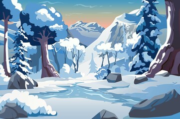 A beautiful winter landscape showcasing snow-covered mountains, evergreen trees, and a serene river. The scene is vibrant and captures a tranquil atmosphere.