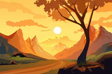 A beautiful sunset landscape scene depicting mountains, a tree, and a winding road. Vibrant orange hues fill the sky, creating a serene atmosphere.