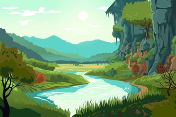 A picturesque landscape showcasing mountains, a flowing river, and lush green vegetation. The scene emanates tranquility and natural beauty.