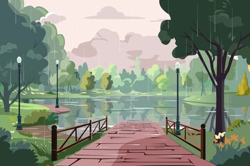 A calming illustration of a park during rain, featuring lush greenery, reflective waters, and a serene ambiance. Perfect for nature lovers and tranquility seekers.