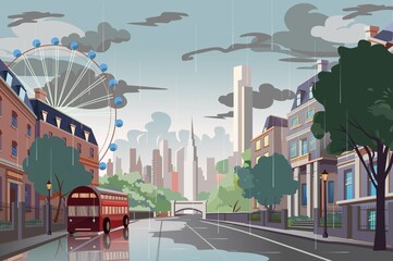 A rainy cityscape featuring modern skyscrapers, a Ferris wheel, and parked bus. The urban scene captures an atmospheric vibe.