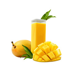 Refreshing Mango Juice in a Transparent Package with Fresh Mango Fruit