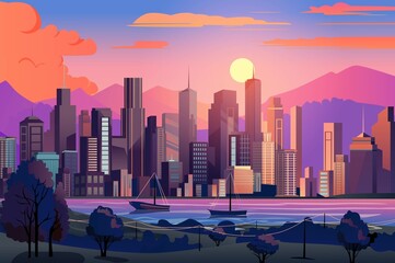 A vibrant sunset cityscape illustration showcasing tall buildings silhouetted against a colorful sky, with a river and mountains in the background.