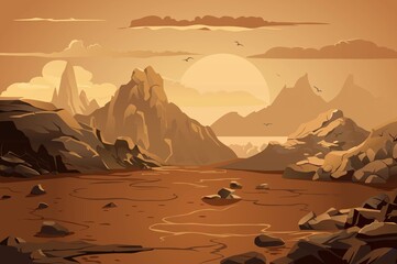 This illustration shows a serene desert landscape featuring majestic mountains and a warm sunset. The color palette includes warm browns, yellows, and soft skies.