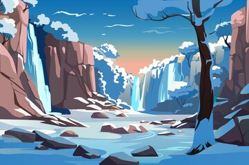 A tranquil landscape featuring cascading waterfalls amidst rocky cliffs and snow-covered trees, creating a picturesque view in a vibrant blue setting.