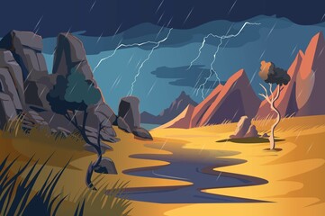 A dramatic desert landscape with dark clouds and lightning, featuring stylized mountains and rain. The scene depicts a tranquil river flowing through the arid terrain.