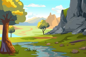 A beautiful landscape featuring a river, green hills, trees, and rocks. The scenery includes mountains in the background under a clear sky. Ideal for nature lovers.