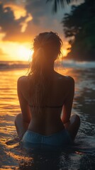 Silhouette of a young woman enjoying a sunset at the beach, evoking tranquility.