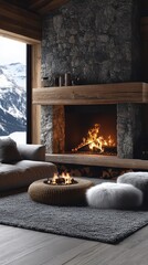 Cozy living room with a stone fireplace and mountain view.