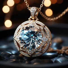 Elegant diamond pendant with intricate gold design against a bokeh background.