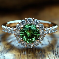 Elegant green gemstone ring with diamond accents.