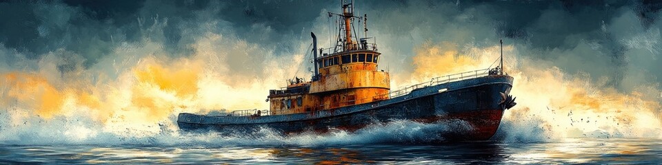 A weathered tugboat cuts through the waves as a dramatic sunset unfolds behind it.