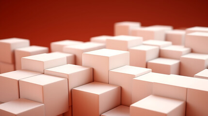 Fototapeta premium Abstract geometric white cubes over a smooth terracotta red background, enhanced by strong directional shadows and natural textures