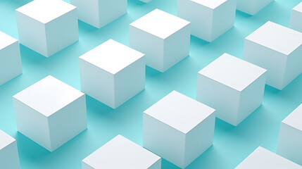 Obraz premium Elevated white cube structures randomly spaced on a cool pastel cyan background, viewed from above with crisp shadow edges