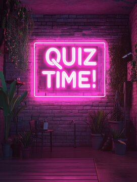 Neon Quiz Time Stage with Question Marks.A vibrant, digitally rendered stage scene announces "QUIZ TIME!" in bright pink neon lettering.