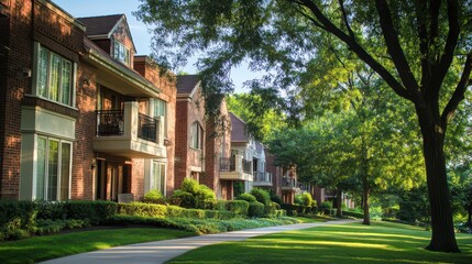 Serene Condo Living: A Tranquil Apartment Neighborhood Surrounded by Lush Trees and Scenic Sidewalks