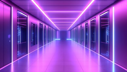 A futuristic server room bathed in vibrant neon light.