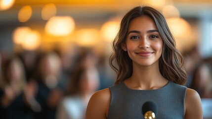 Smiling woman delivering a presentation in an elegant setting with an audience.