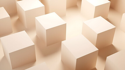 Minimalistic floating white cube pattern on a warm beige parchment-textured background, top view with a natural sunlight glow