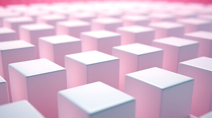 Fototapeta premium Randomly shifted white cube pattern on a soft rose background with sunlight filtering from the top right, shallow depth of field for realism