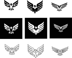 Elegant eagle vector logo icon set in flat, outline and button styleflying wings pose, ideal for business branding.
