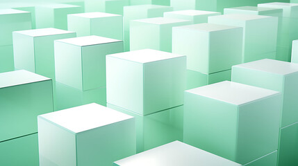 Obraz premium White cube boxes staggered across a mint green soft-touch background with smooth matte lighting, clean geometry emphasized by subtle gradients