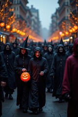 Naklejka premium A crowd of people dressed as eerie witches and undead walk through a city decorated with candles and pumpkins during a Halloween festival