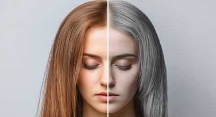 Young woman showcasing a striking hair color transition from brown to gray.