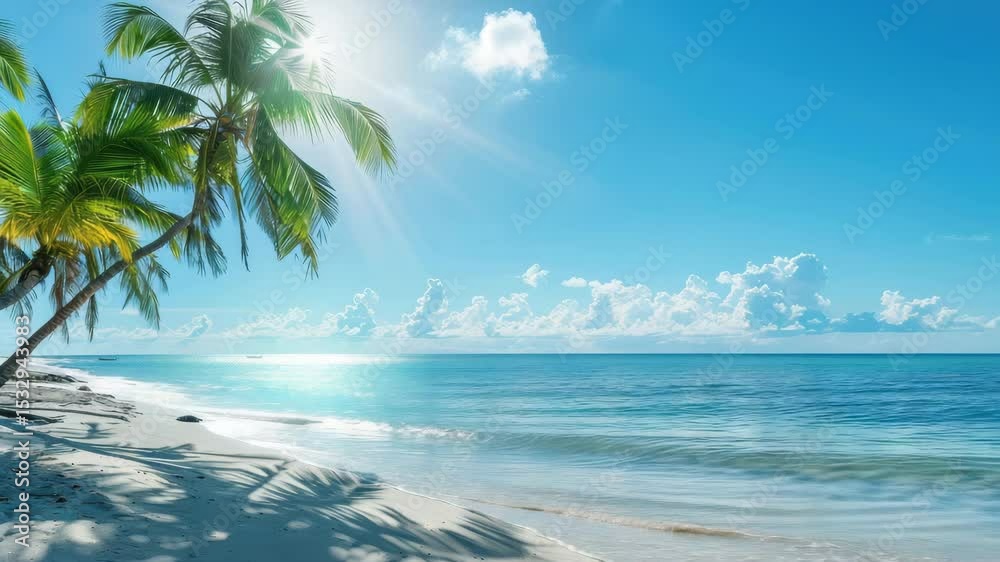 Poster serenity of a tropical beach with palm trees and gentle waves under a bright sun in 4k resolution