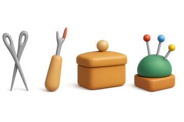 Sewing tools set: scissors, seam ripper, pin cushion, storage box for crafting