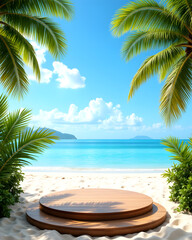 Tropical Beach Product Display: A stunning tropical beach scene featuring a double-layered wooden display stand on pristine white sand, framed by lush palm trees and turquoise ocean waters.